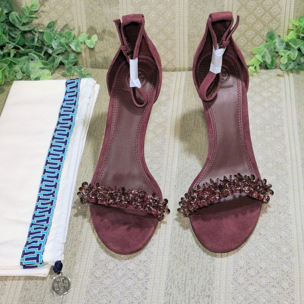 NWOT Tory Burch Logan Crystal Heeled Sandals In Burgundy Color